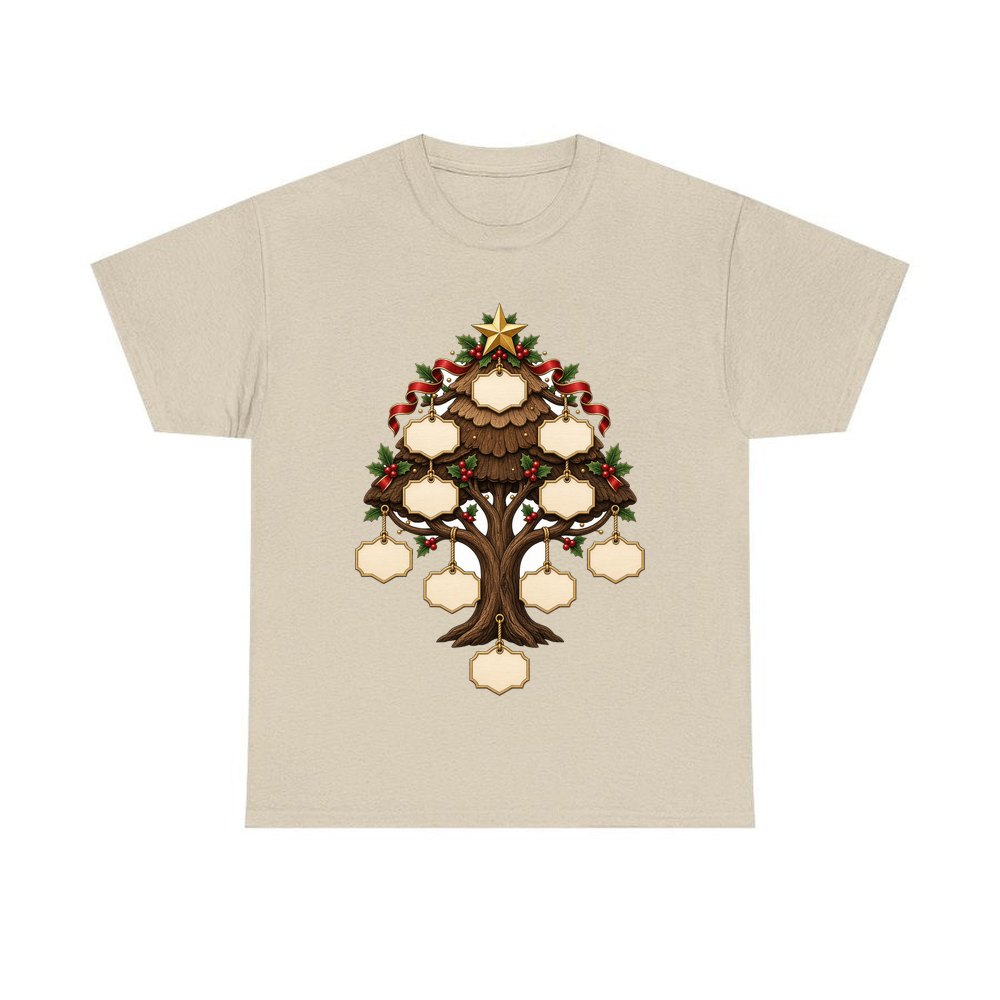 Wooden Family Tree Ornament personalised Christmas T-shirt in sand