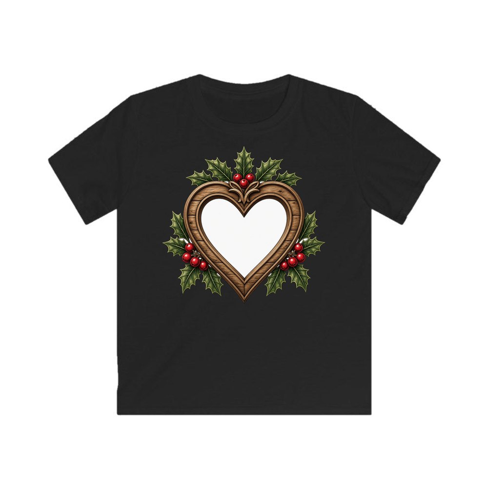 Wooden Heart Frame With Holly personalised kids Christmas tee in black