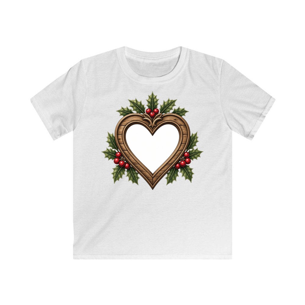 Wooden Heart Frame With Holly personalised kids Christmas tee in white