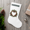 Wooden Heart Frame With Holly personalised Christmas stocking, white, with the name across the top
