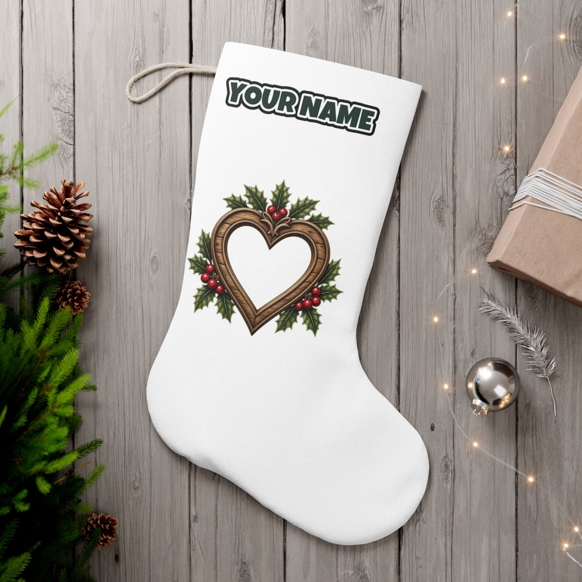 Wooden Heart Frame With Holly personalised Christmas stocking, white, with the name across the top