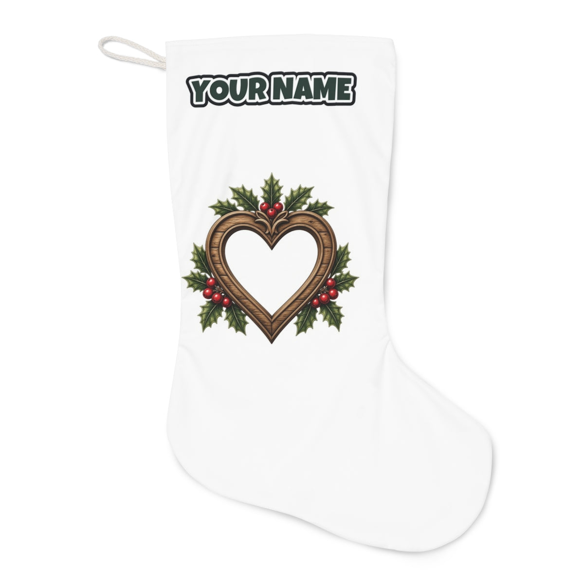 Wooden Heart Frame With Holly Christmas stocking laid flat, showing the full print