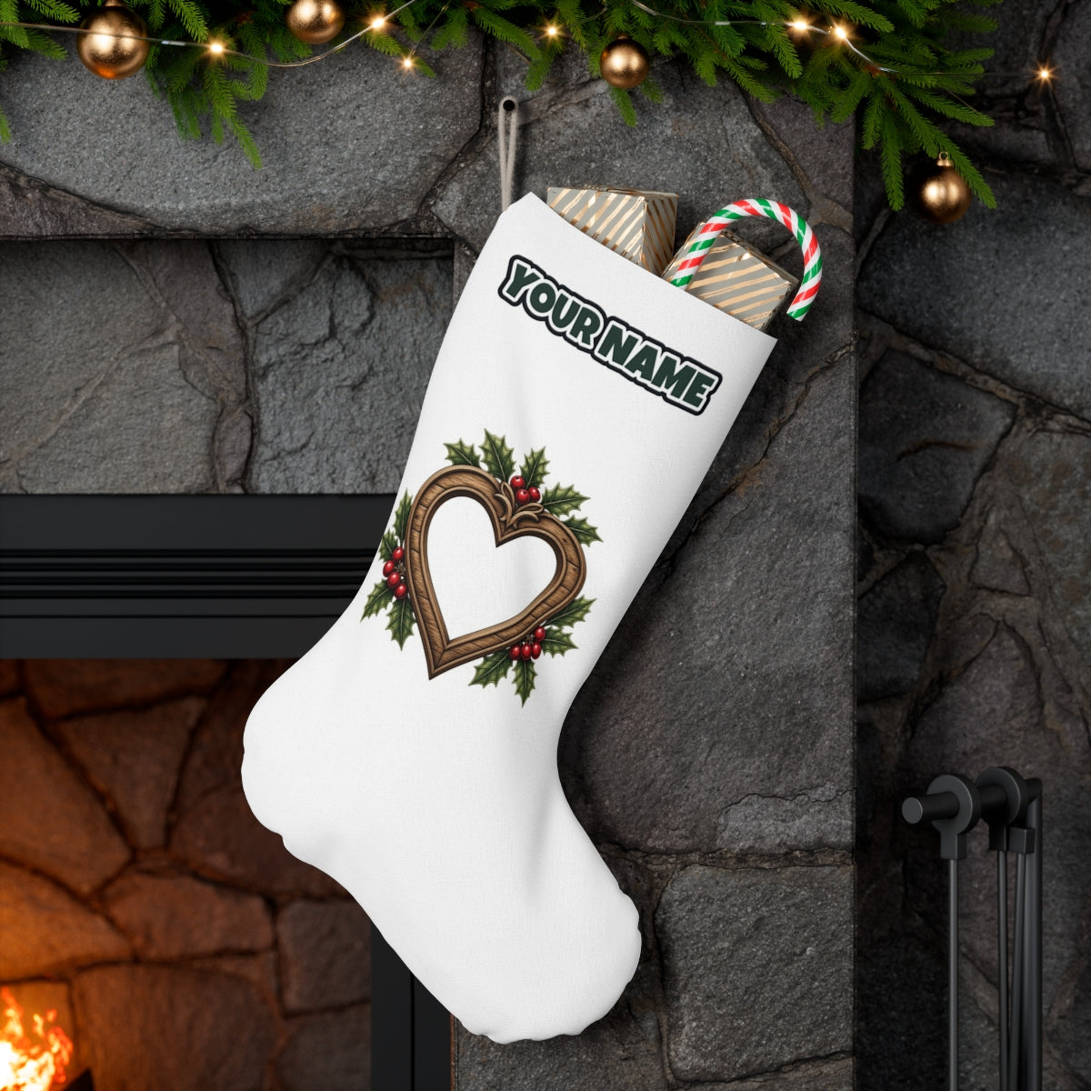 Wooden Heart Frame With Holly personalised Christmas stocking hanging on a mantel