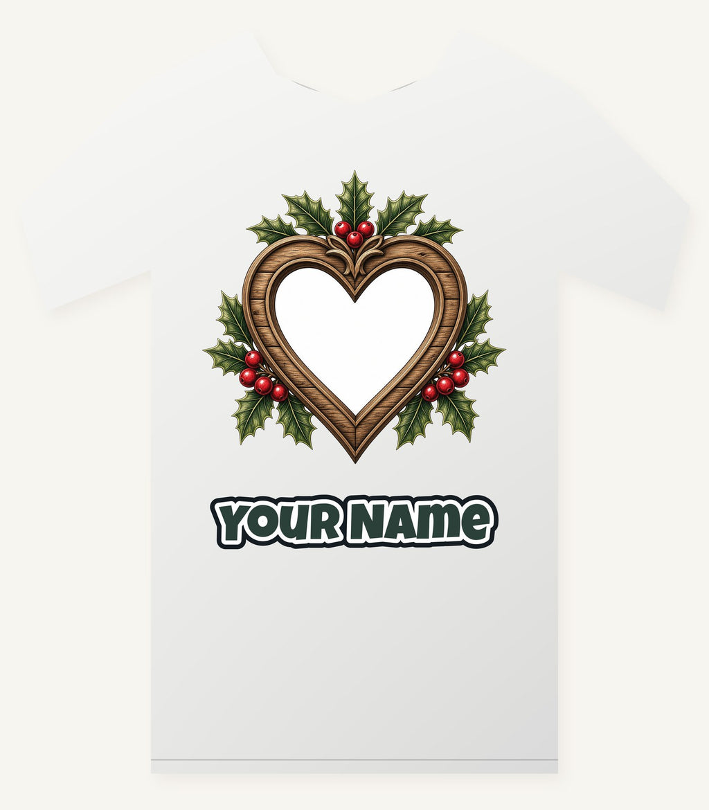 Wooden Heart Frame With Holly Personalised Christmas T-Shirt and Hoodie