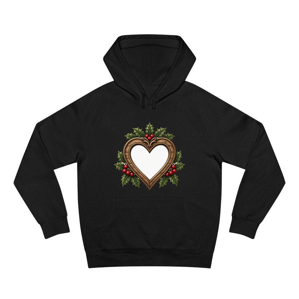 Wooden Heart Frame With Holly personalised Christmas hoodie in black