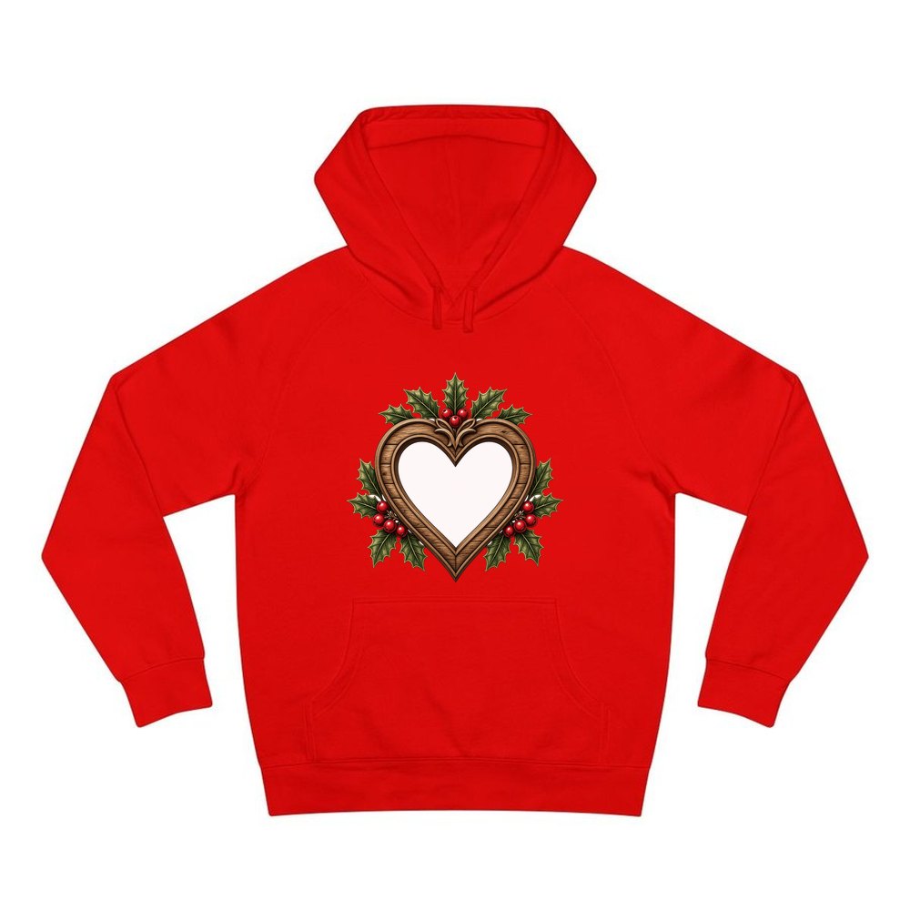 Wooden Heart Frame With Holly personalised Christmas hoodie in red