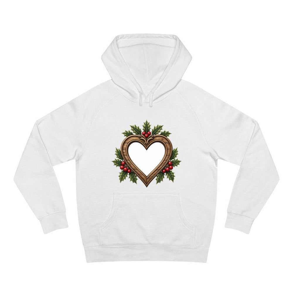 Wooden Heart Frame With Holly personalised Christmas hoodie in white