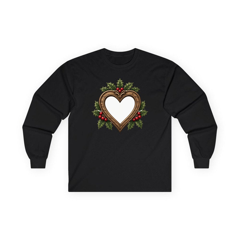 Wooden Heart Frame With Holly personalised long sleeve Christmas T-shirt in black