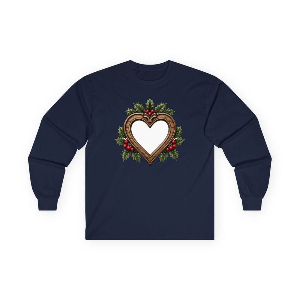 Wooden Heart Frame With Holly personalised long sleeve Christmas T-shirt in navy