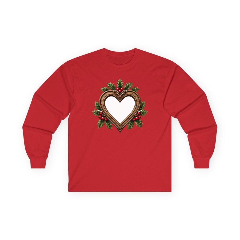 Wooden Heart Frame With Holly personalised long sleeve Christmas T-shirt in red