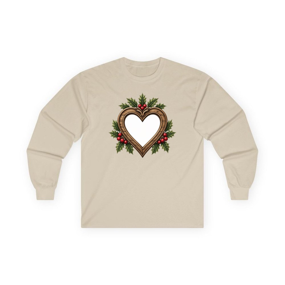 Wooden Heart Frame With Holly personalised long sleeve Christmas T-shirt in sand