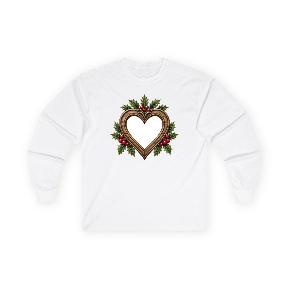 Wooden Heart Frame With Holly personalised long sleeve Christmas T-shirt in white