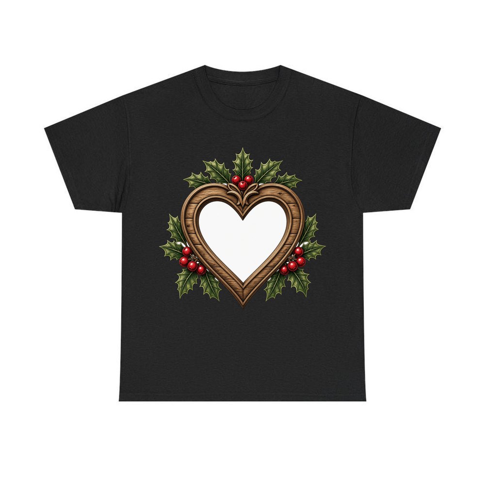 Wooden Heart Frame With Holly personalised Christmas T-shirt in black