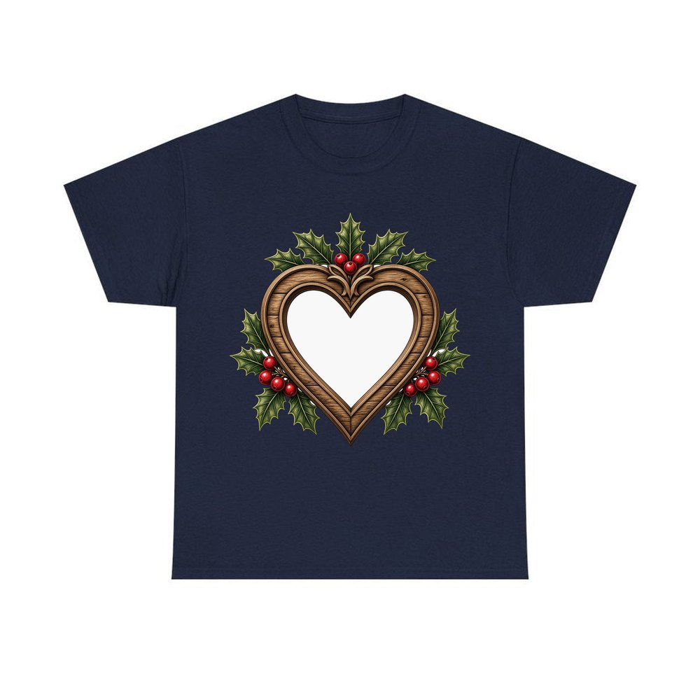 Wooden Heart Frame With Holly personalised Christmas T-shirt in navy