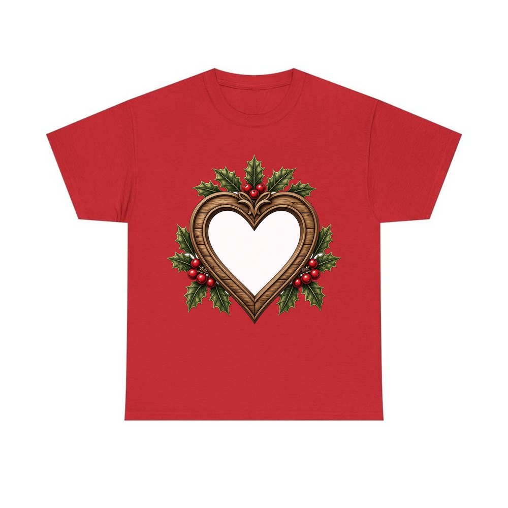 Wooden Heart Frame With Holly personalised Christmas T-shirt in red