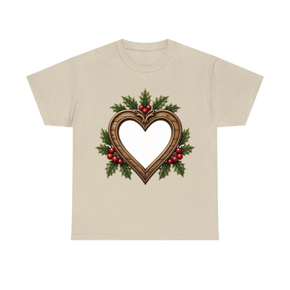 Wooden Heart Frame With Holly personalised Christmas T-shirt in sand