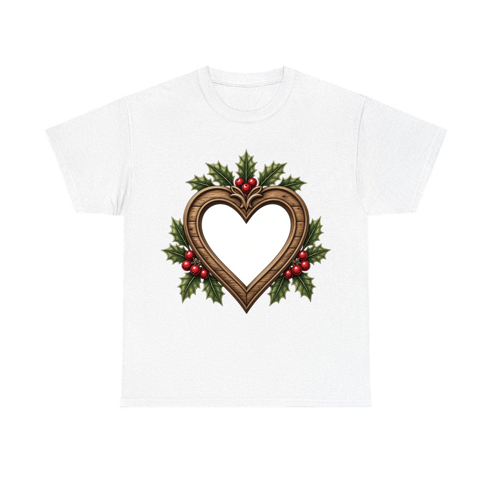 Wooden Heart Frame With Holly personalised Christmas T-shirt in white