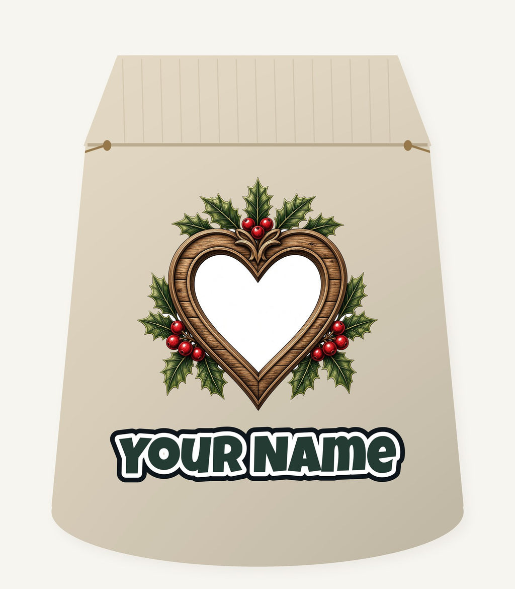 Wooden Heart Frame With Holly Personalised Santa Sack