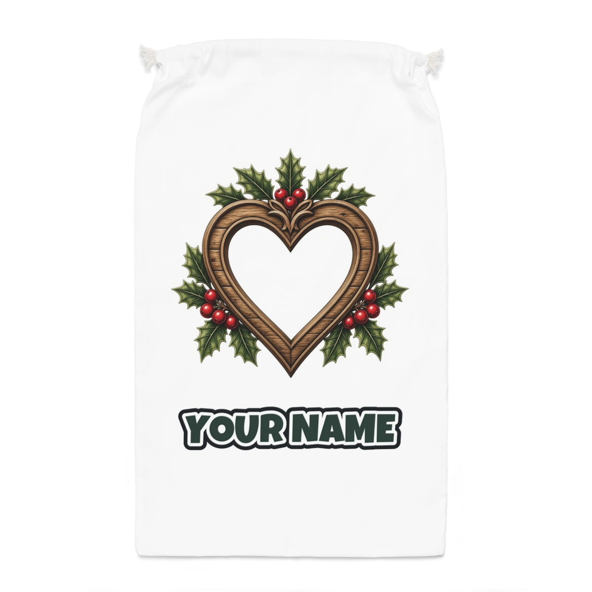 Wooden Heart Frame With Holly Santa sack laid flat, showing the full print