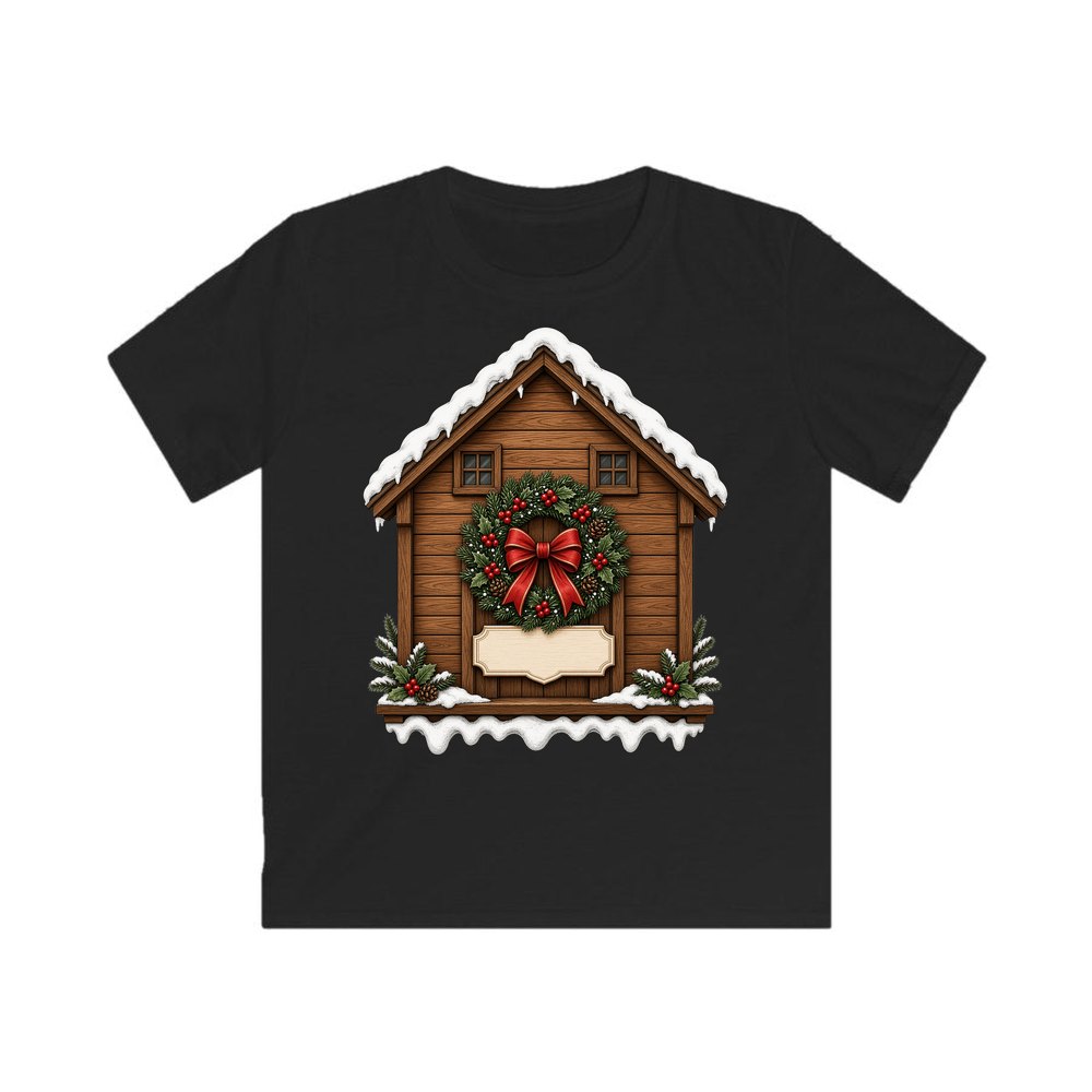 Wooden House With Name Plaque personalised kids Christmas tee in black