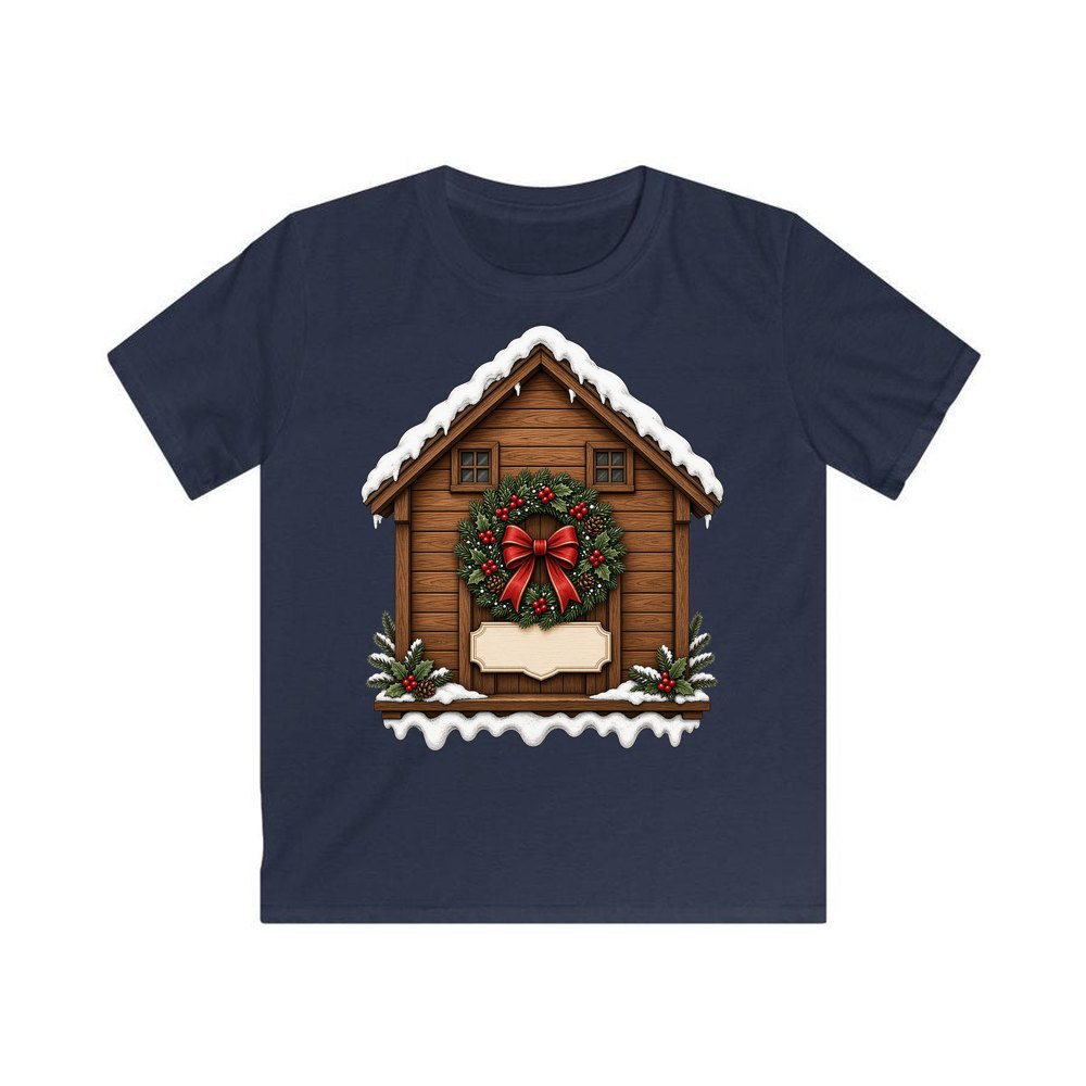 Wooden House With Name Plaque personalised kids Christmas tee in navy