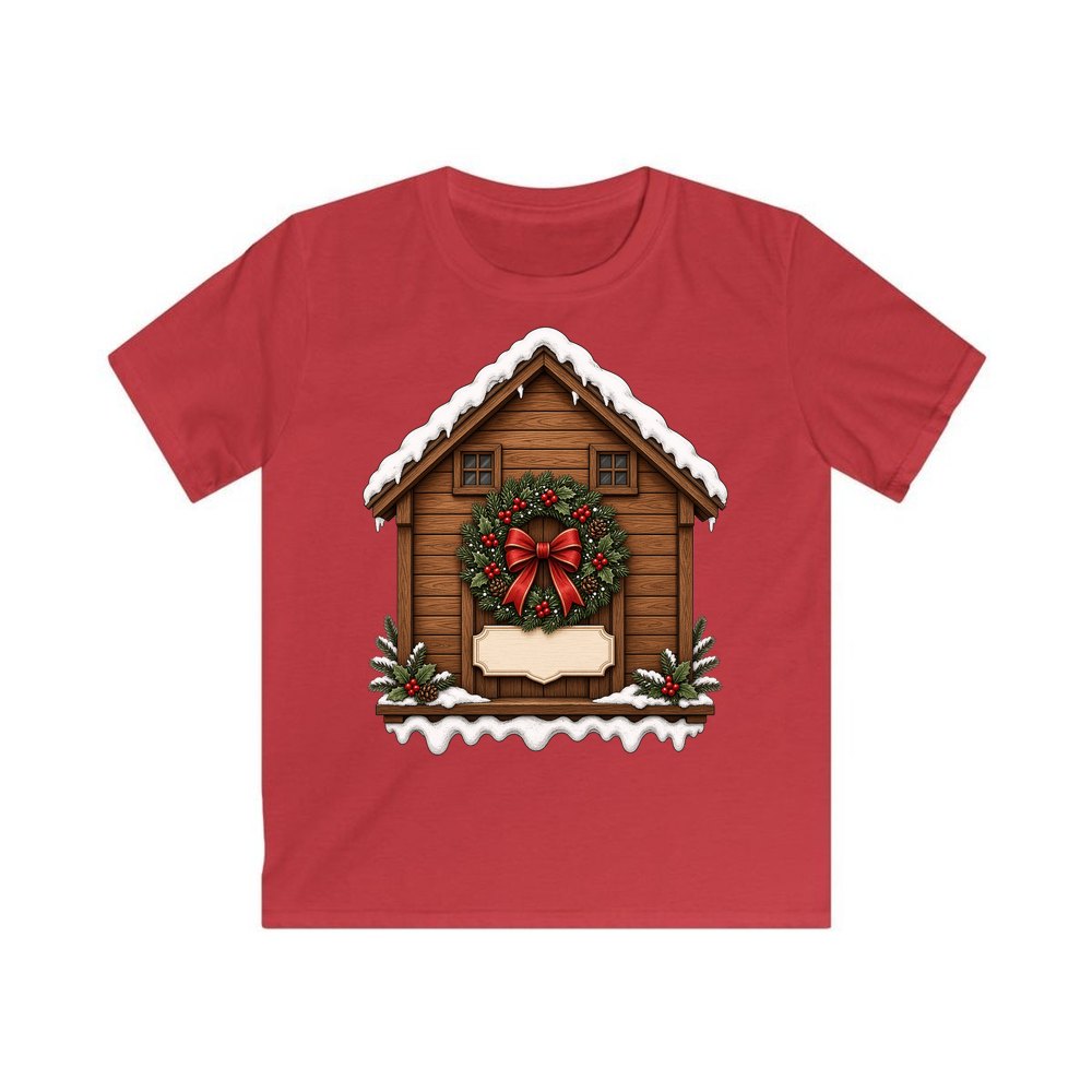 Wooden House With Name Plaque personalised kids Christmas tee in red