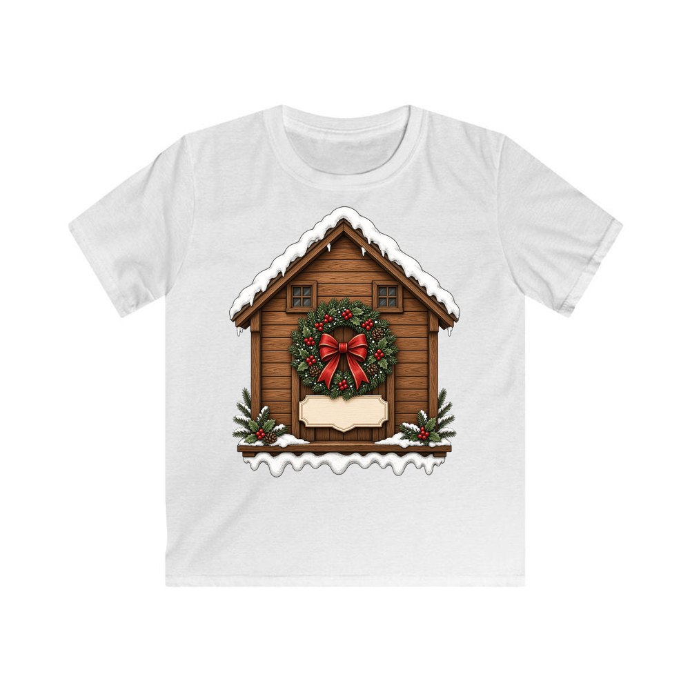Wooden House With Name Plaque personalised kids Christmas tee in white