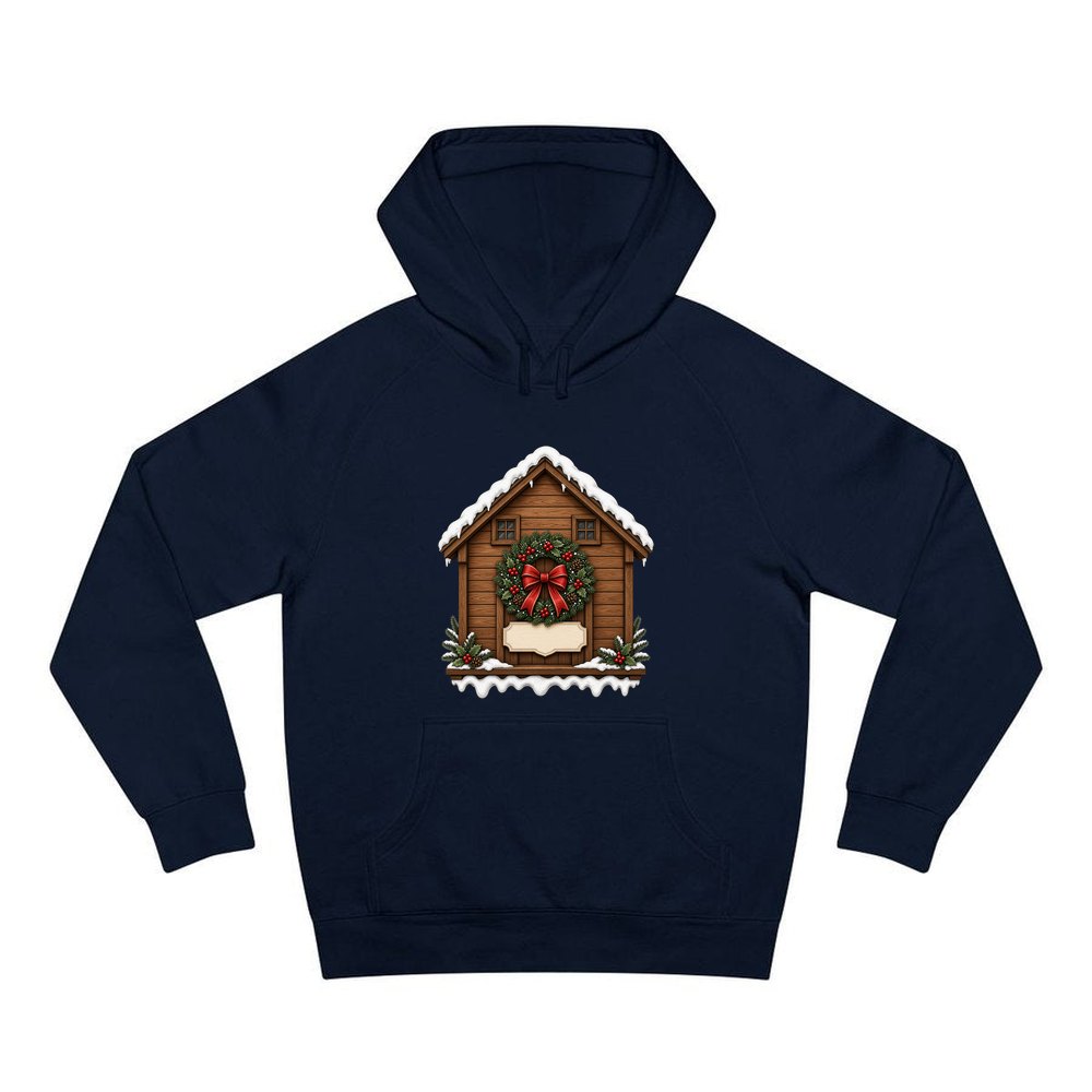 Wooden House With Name Plaque personalised Christmas hoodie in navy
