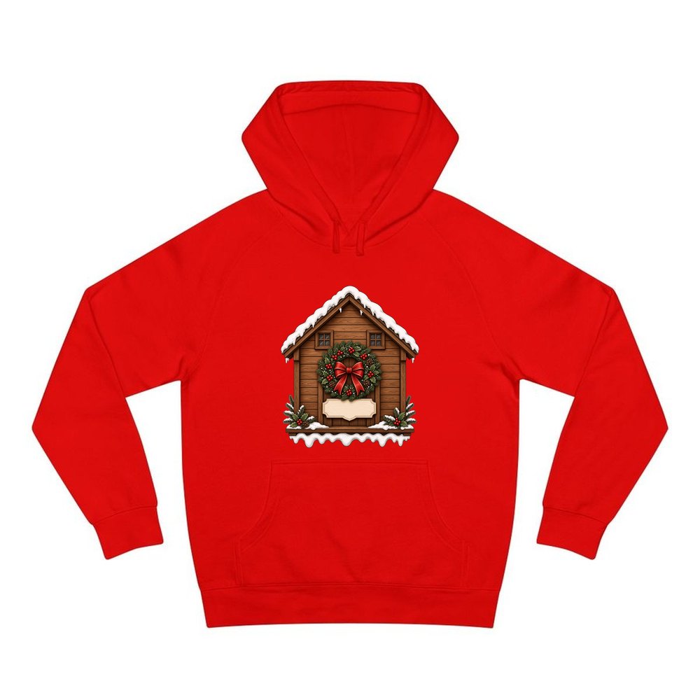 Wooden House With Name Plaque personalised Christmas hoodie in red