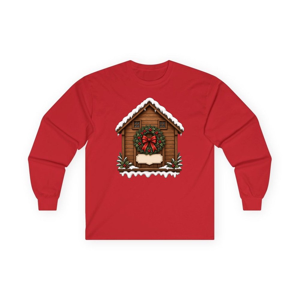 Wooden House With Name Plaque personalised long sleeve Christmas T-shirt in red
