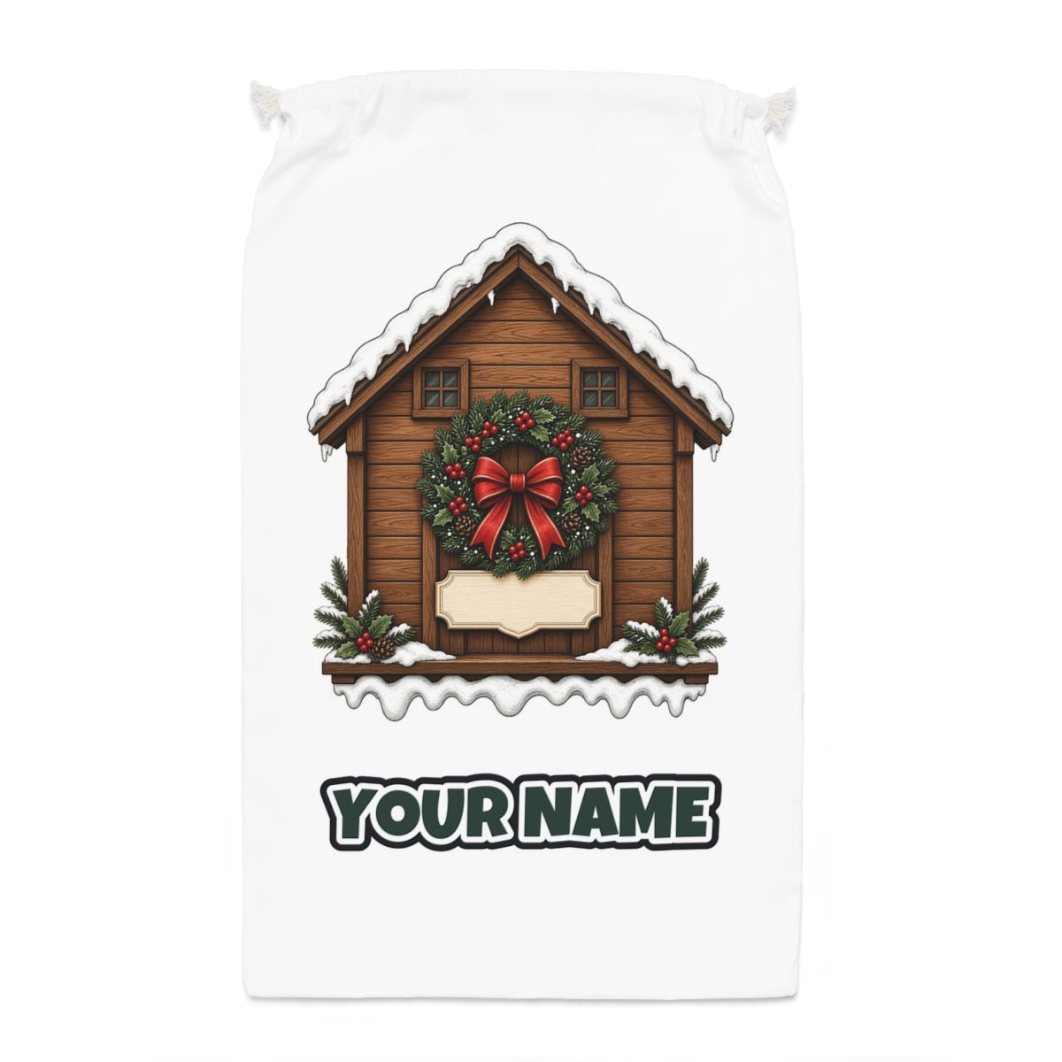 Wooden House With Name Plaque Santa sack laid flat, showing the full print