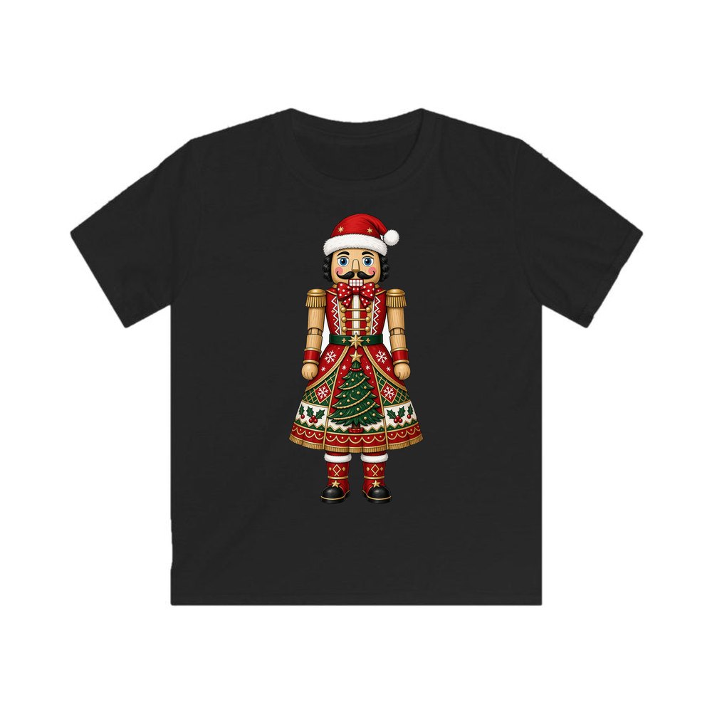 Wooden Nutcracker In Santa Hat personalised kids Christmas tee in black