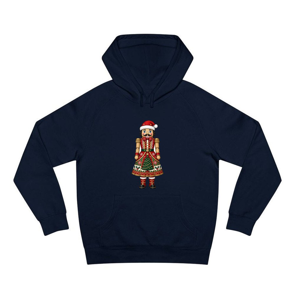 Wooden Nutcracker In Santa Hat personalised Christmas hoodie in navy