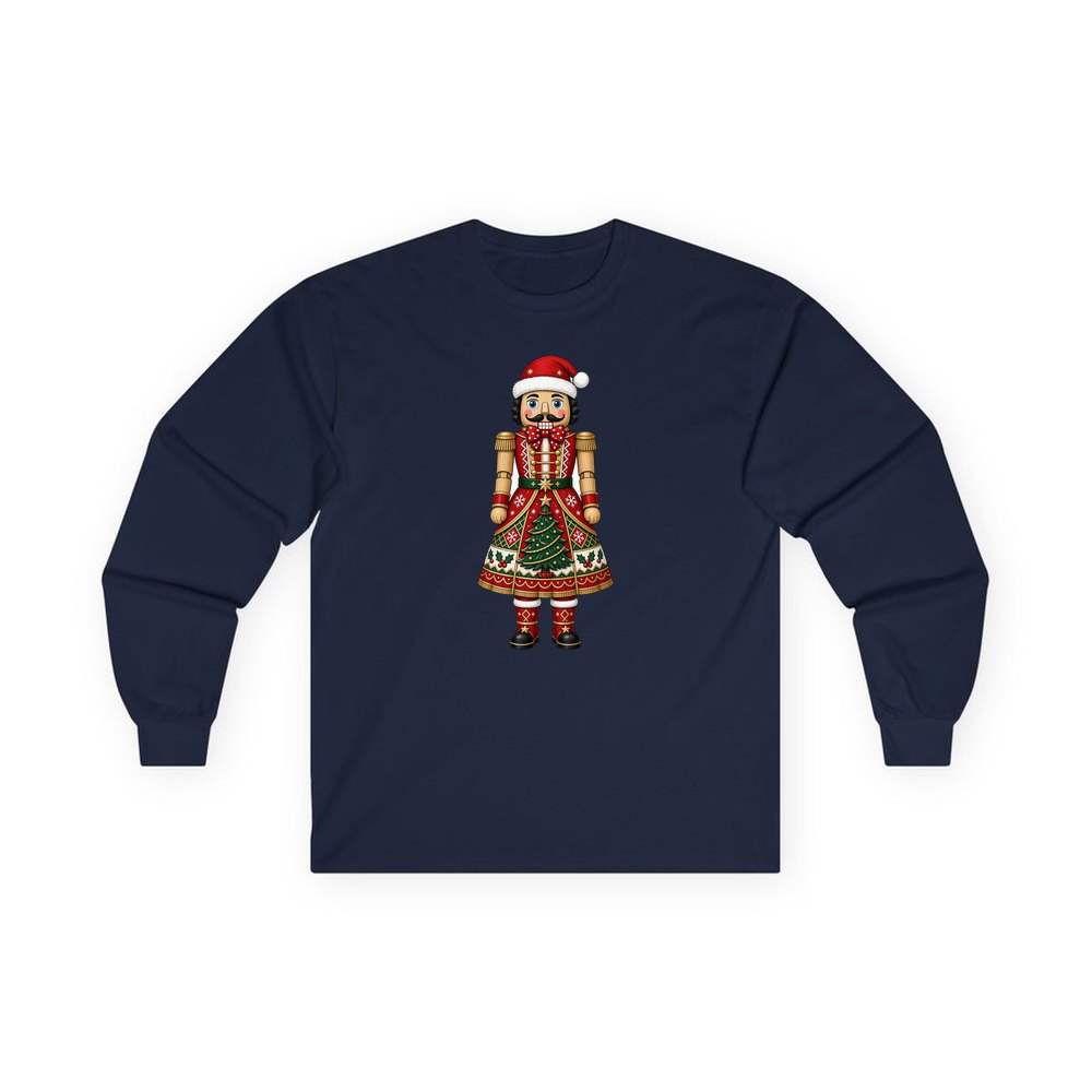Wooden Nutcracker In Santa Hat personalised long sleeve Christmas T-shirt in navy