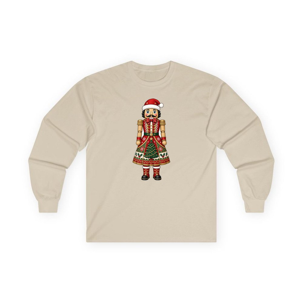 Wooden Nutcracker In Santa Hat personalised long sleeve Christmas T-shirt in sand