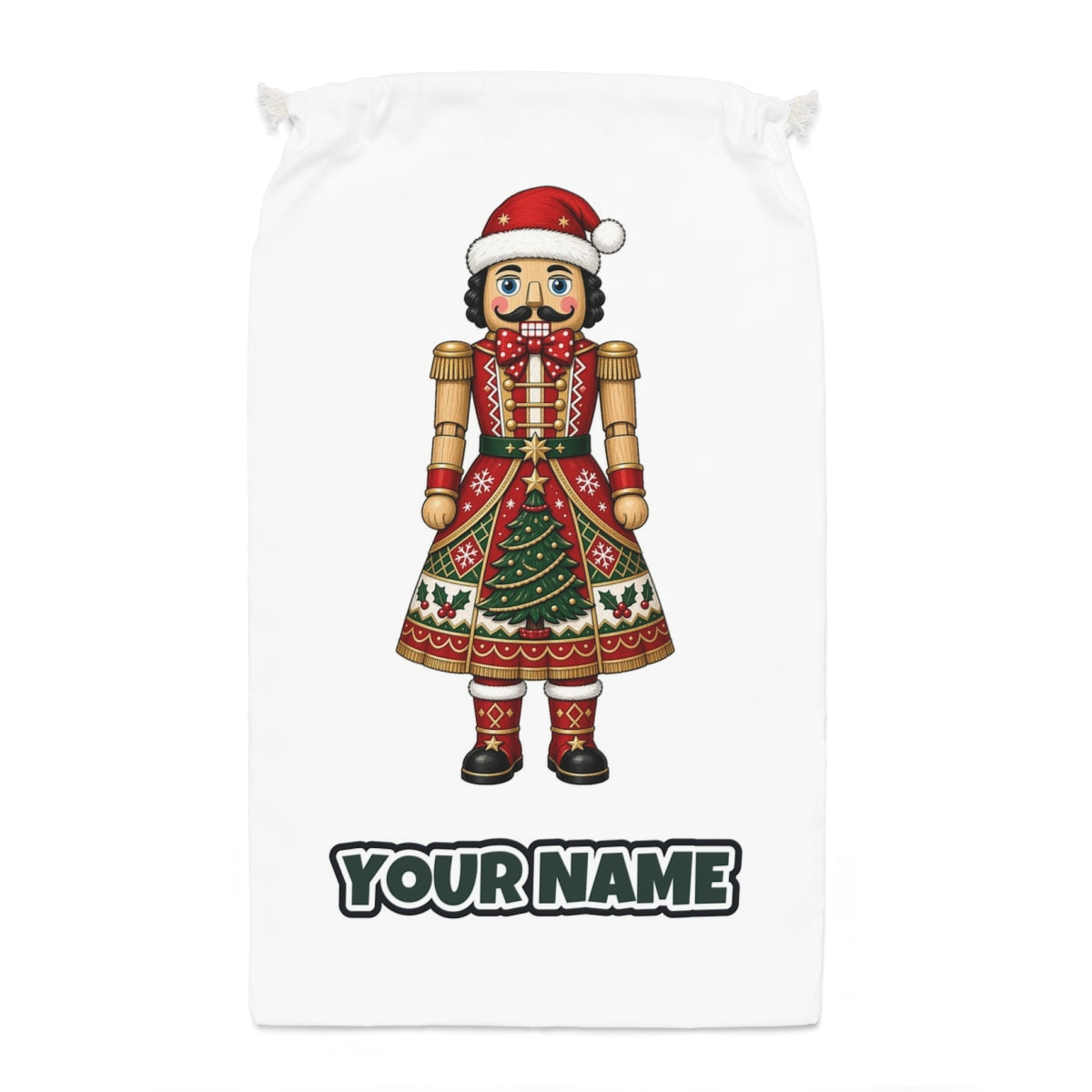 Wooden Nutcracker In Santa Hat Santa sack laid flat, showing the full print