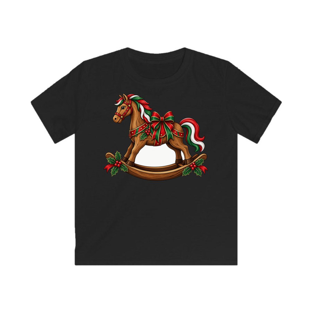 Wooden Rocking Horse personalised kids Christmas tee in black