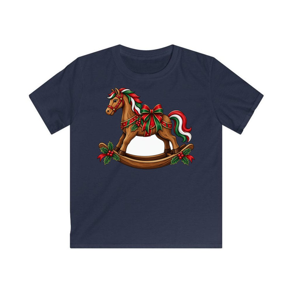 Wooden Rocking Horse personalised kids Christmas tee in navy