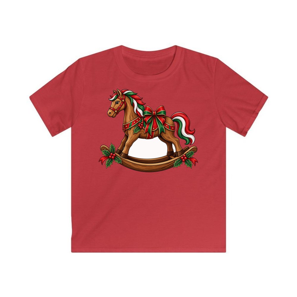 Wooden Rocking Horse personalised kids Christmas tee in red