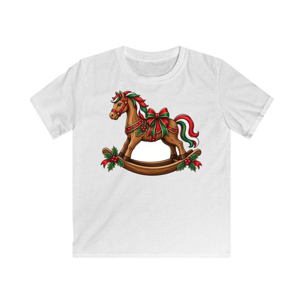 Wooden Rocking Horse personalised kids Christmas tee in white