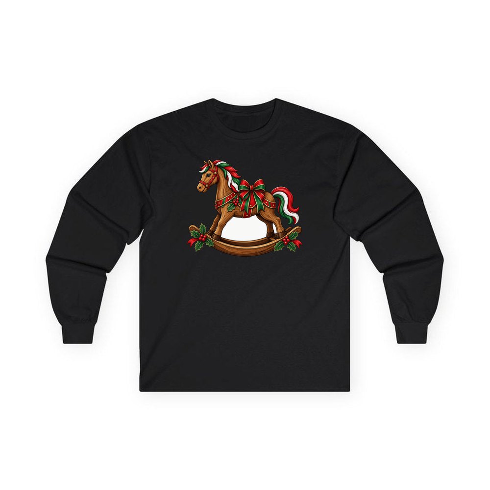 Wooden Rocking Horse personalised long sleeve Christmas T-shirt in black