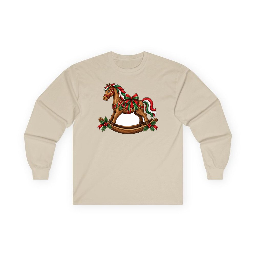 Wooden Rocking Horse personalised long sleeve Christmas T-shirt in sand