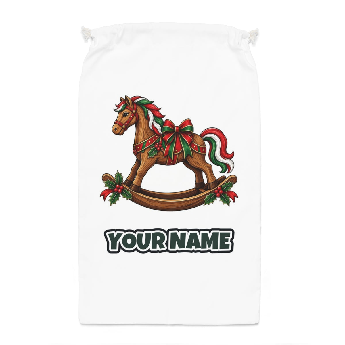 Wooden Rocking Horse Santa sack laid flat, showing the full print