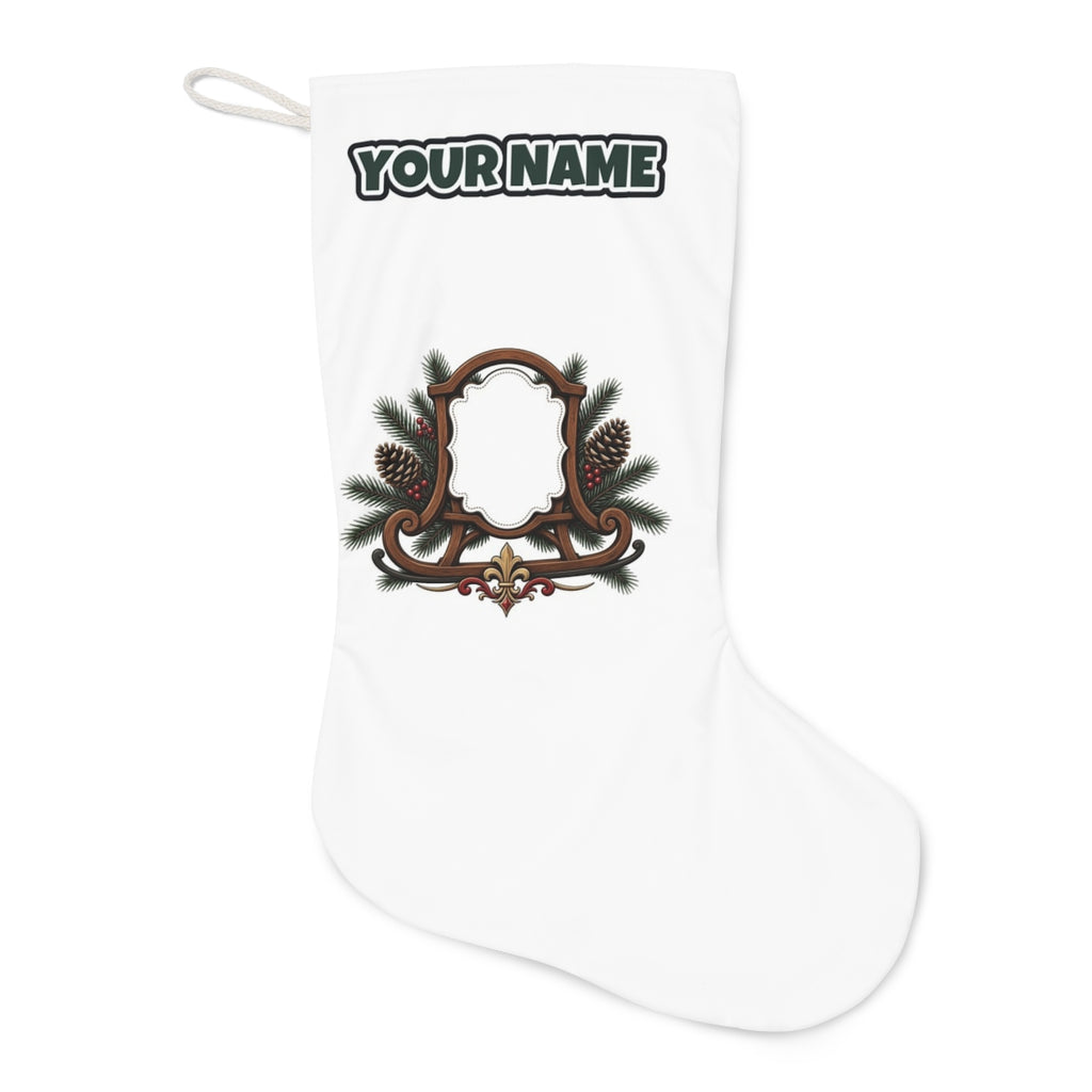 Wooden Sled Name Ornament Christmas stocking laid flat, showing the full print
