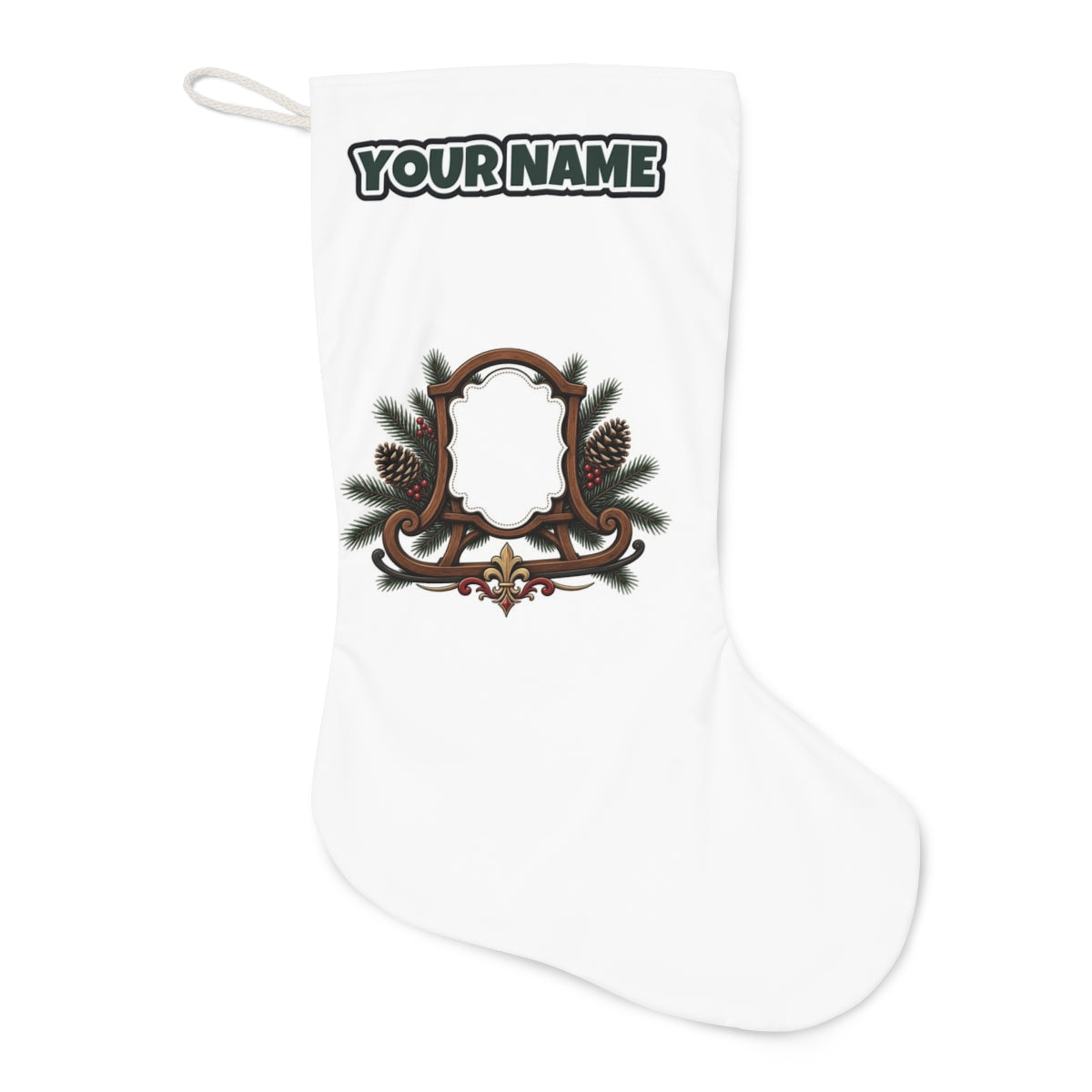 Wooden Sled Name Ornament Christmas stocking laid flat, showing the full print