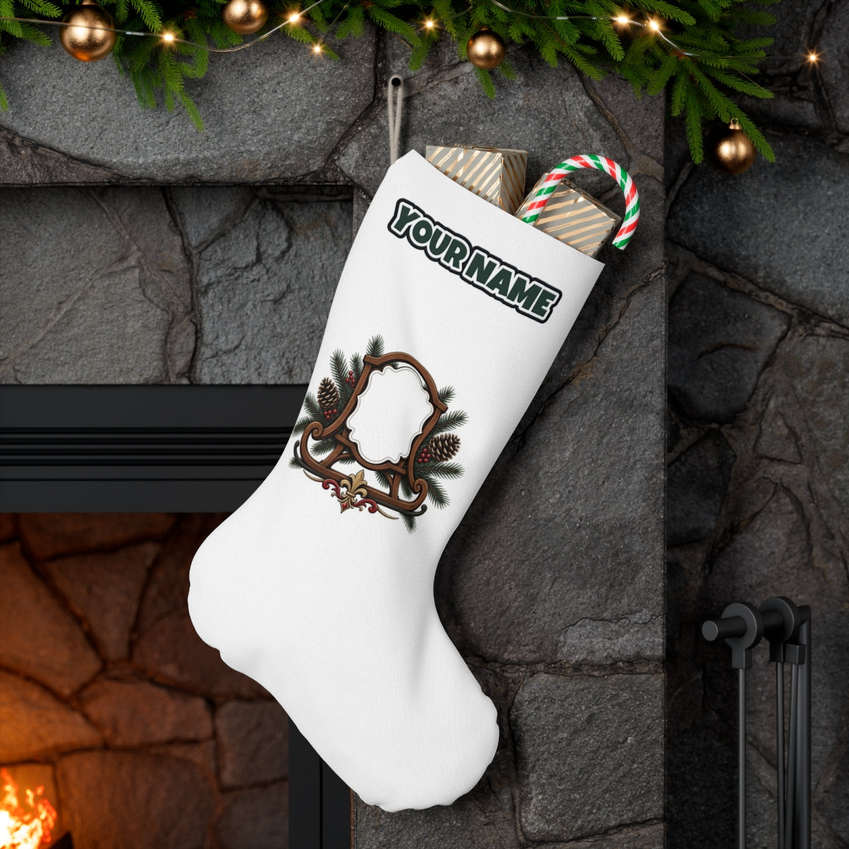 Wooden Sled Name Ornament personalised Christmas stocking hanging on a mantel