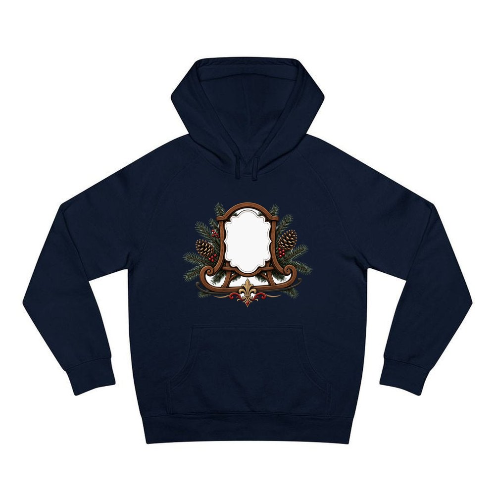 Wooden Sled Name Ornament personalised Christmas hoodie in navy