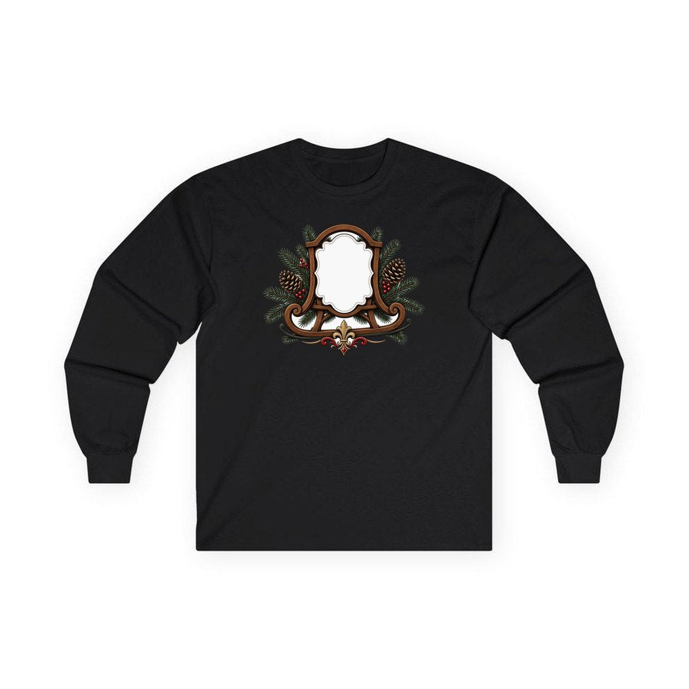 Wooden Sled Name Ornament personalised long sleeve Christmas T-shirt in black