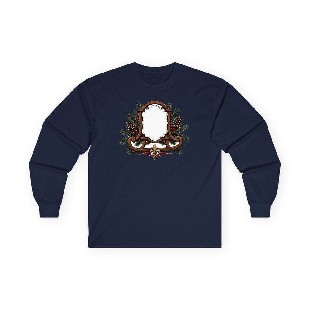 Wooden Sled Name Ornament personalised long sleeve Christmas T-shirt in navy