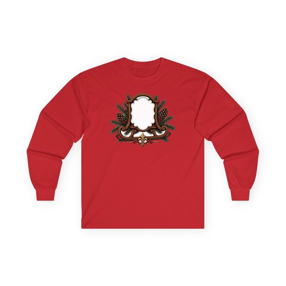 Wooden Sled Name Ornament personalised long sleeve Christmas T-shirt in red